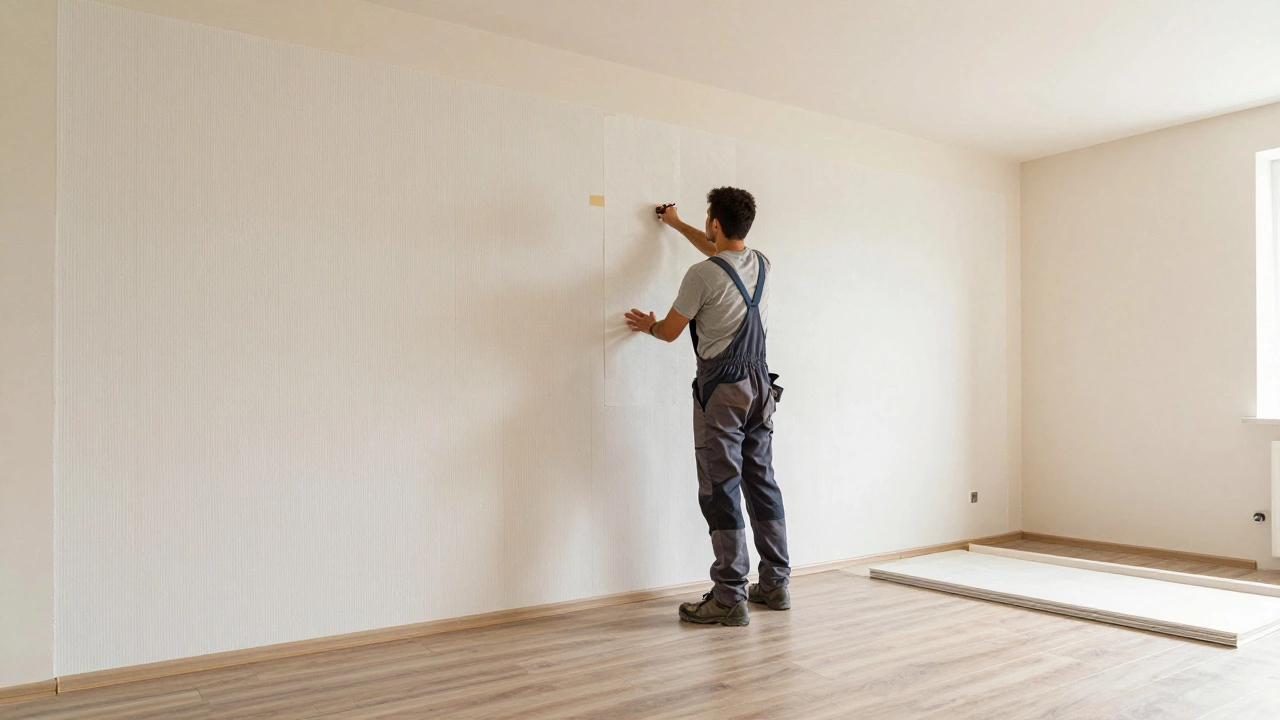 Мастер клеит обои на стену после укладки пола, с покрашенным потолком и частично установленным плинтусом.