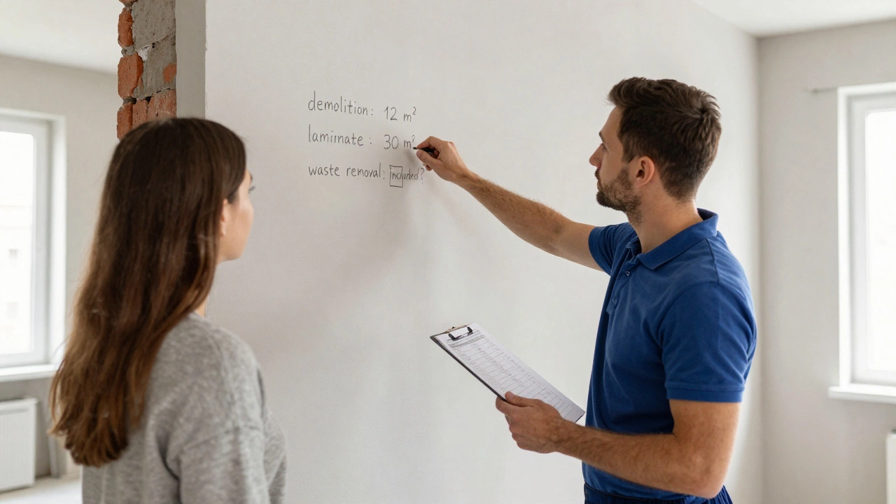 Подрядчик объясняет объемы работ homeowner'у, показывая замеры на стене и смету с расхождениями.