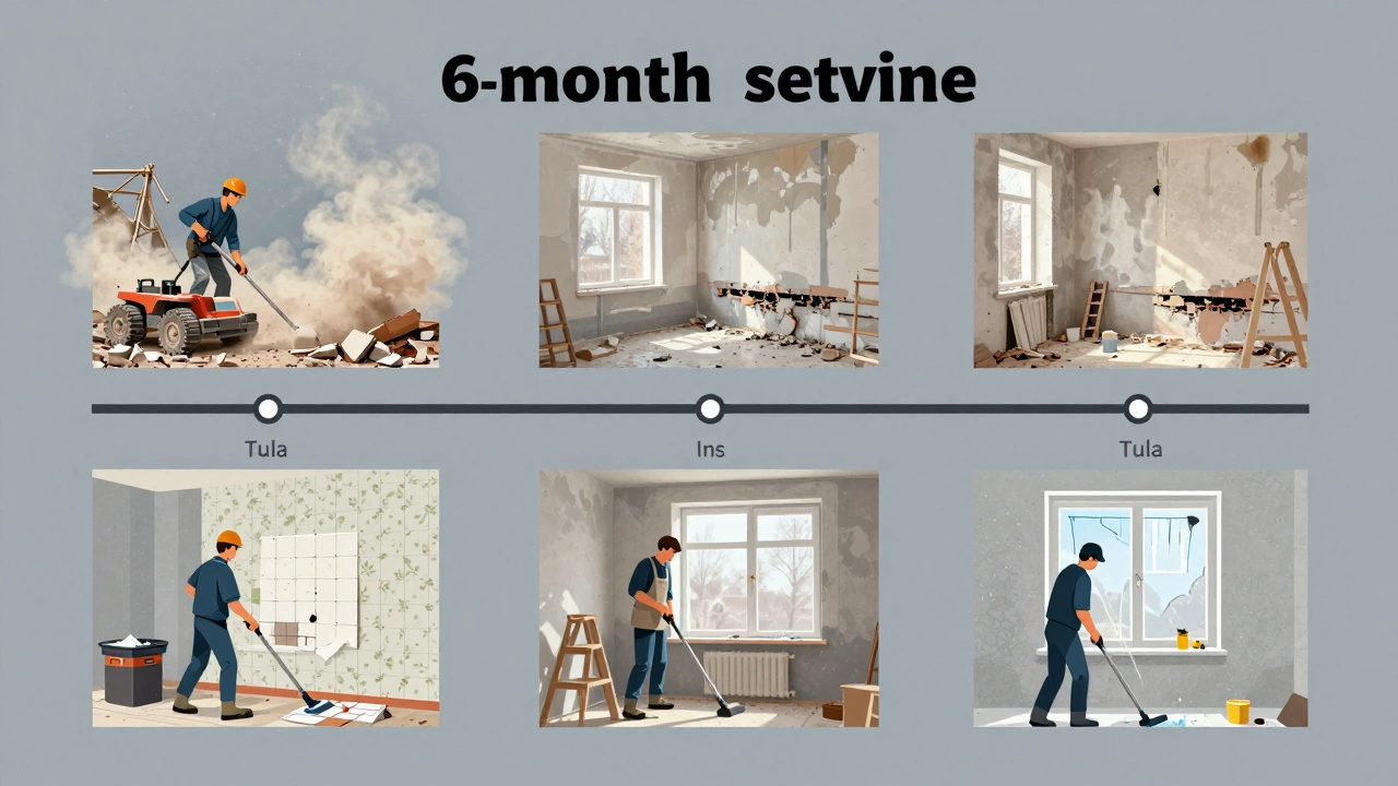 Поэтапная визуализация ремонта квартиры: демонтаж, черновые работы, чистовые работы и уборка.