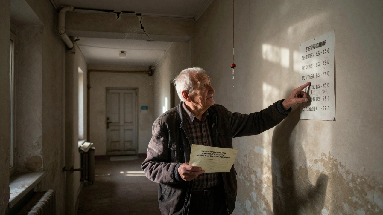 Пожилой житель указывает на объявление о капитальном ремонте в подъезде старого дома, рядом капает труба.