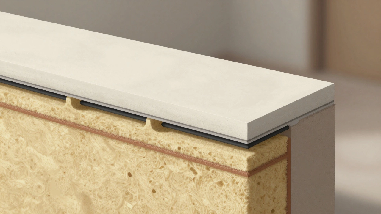 Разрез стены с изоляцией, гидроизоляцией и электропроводкой, показывающий внутренние слои предчистовой отделки.