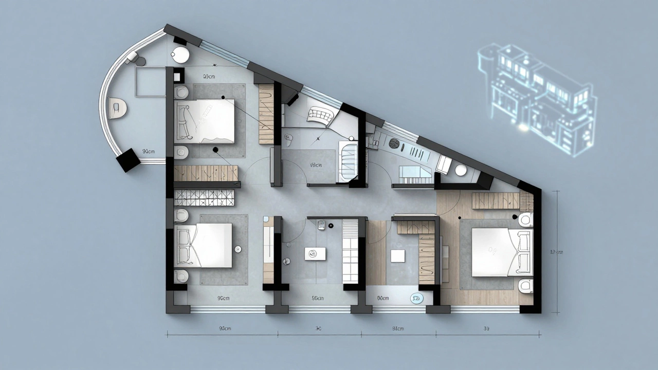 Схема планировки нестандартной квартиры с обозначенными проходами, розетками и освещением.