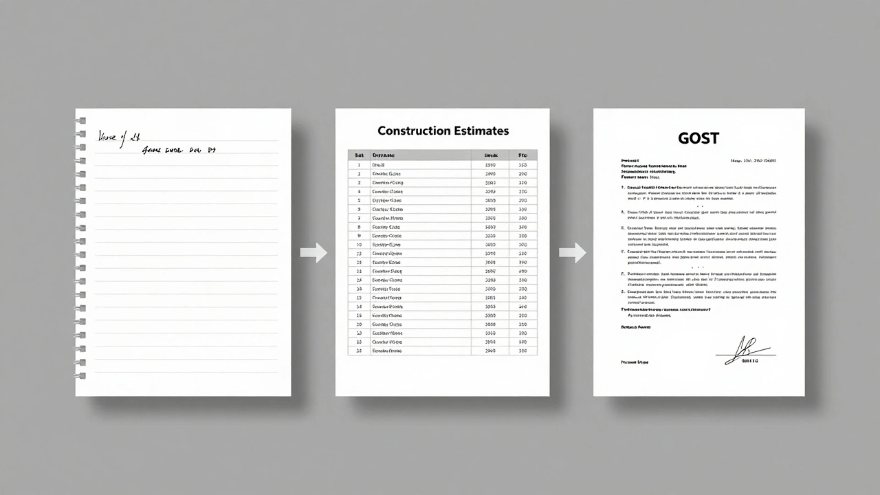 Сравнение трех видов смет: рукописная, табличная и официальная по ГОСТу, в стиле технической иллюстрации.