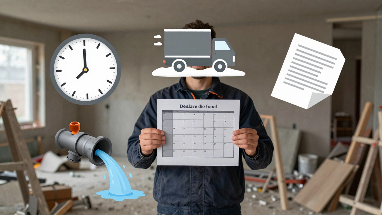 Владелец квартиры стоит в стройке, вокруг него — символы задержек: замороженные часы, грузовик в снегу, протекающая труба.