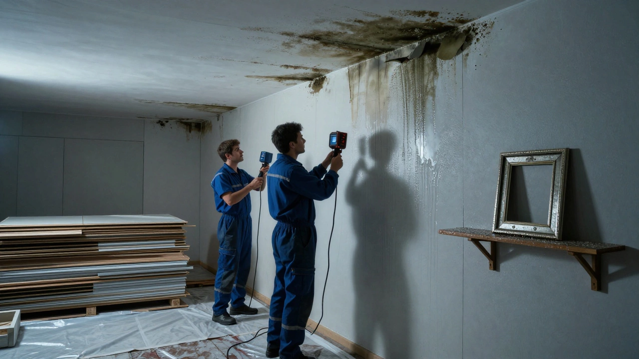 Восстановление после затопления: промышленные осушители и удаление плесени на повреждённых стенах.
