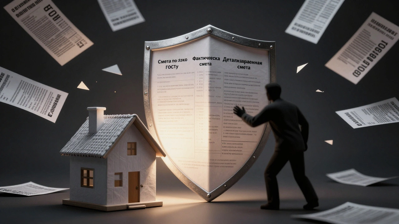 Защитный щит из смет защищает домовладельца от скрытых расходов, свет освещает прозрачные документы.