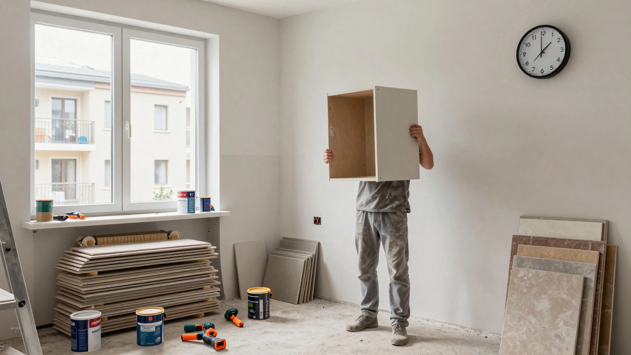 Человек в пыли пытается установить шкаф во время самостоятельного ремонта, вокруг — хаос материалов и прошедшие месяцы.