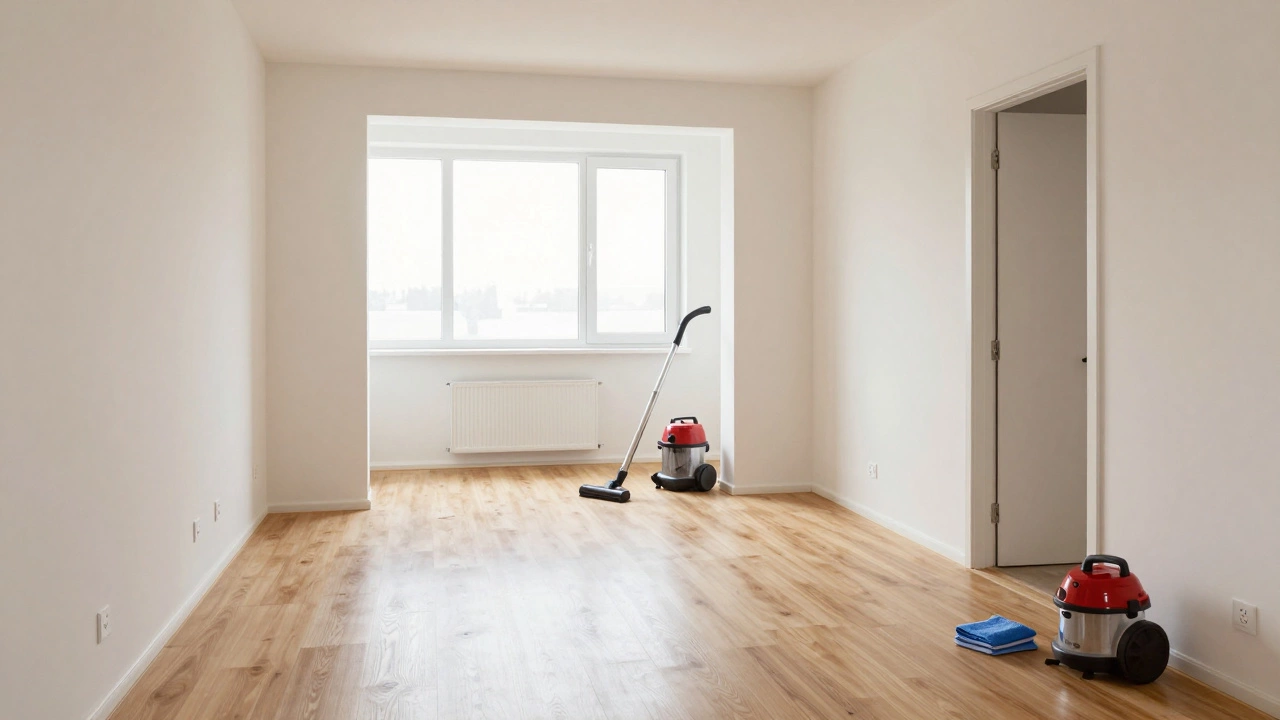 Чистый пол из ламината и свежевыкрашенные стены после финальной уборки.