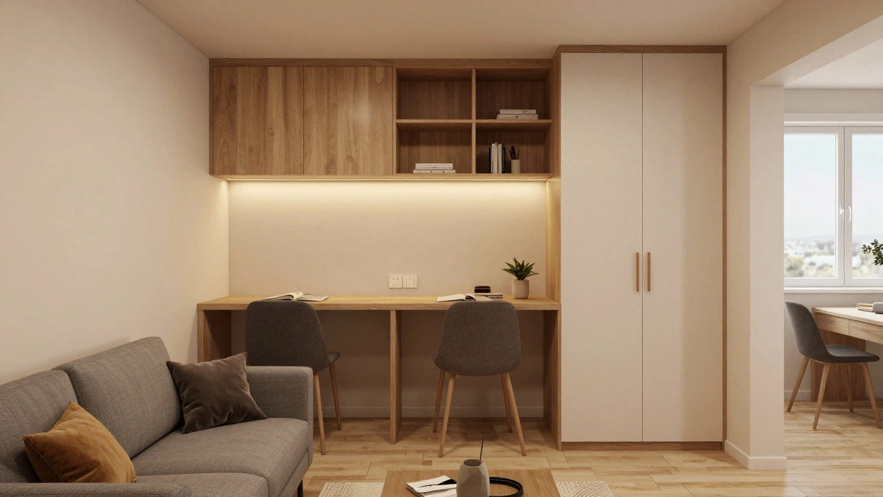 Интерьер маленькой квартиры с продуманной планировкой, скрытыми розетками и эффективным хранением.