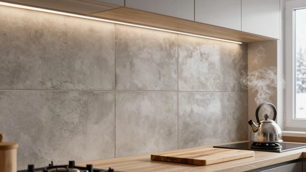 Керамическая плитка и ПВХ-панели на кухне в доме в Туле, с паром от чайника и деревянной доской на столешнице.