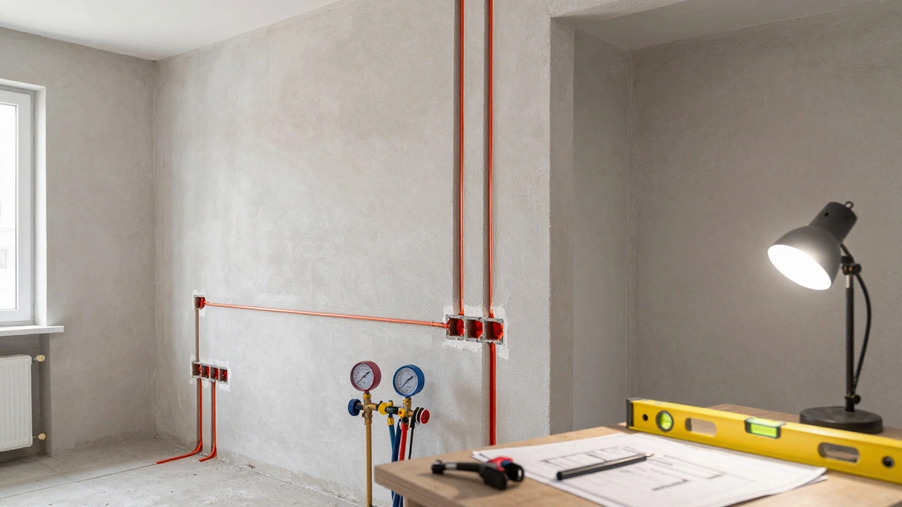 Мастера прокладывают электропроводку и трубы в квартире перед штукатуркой.