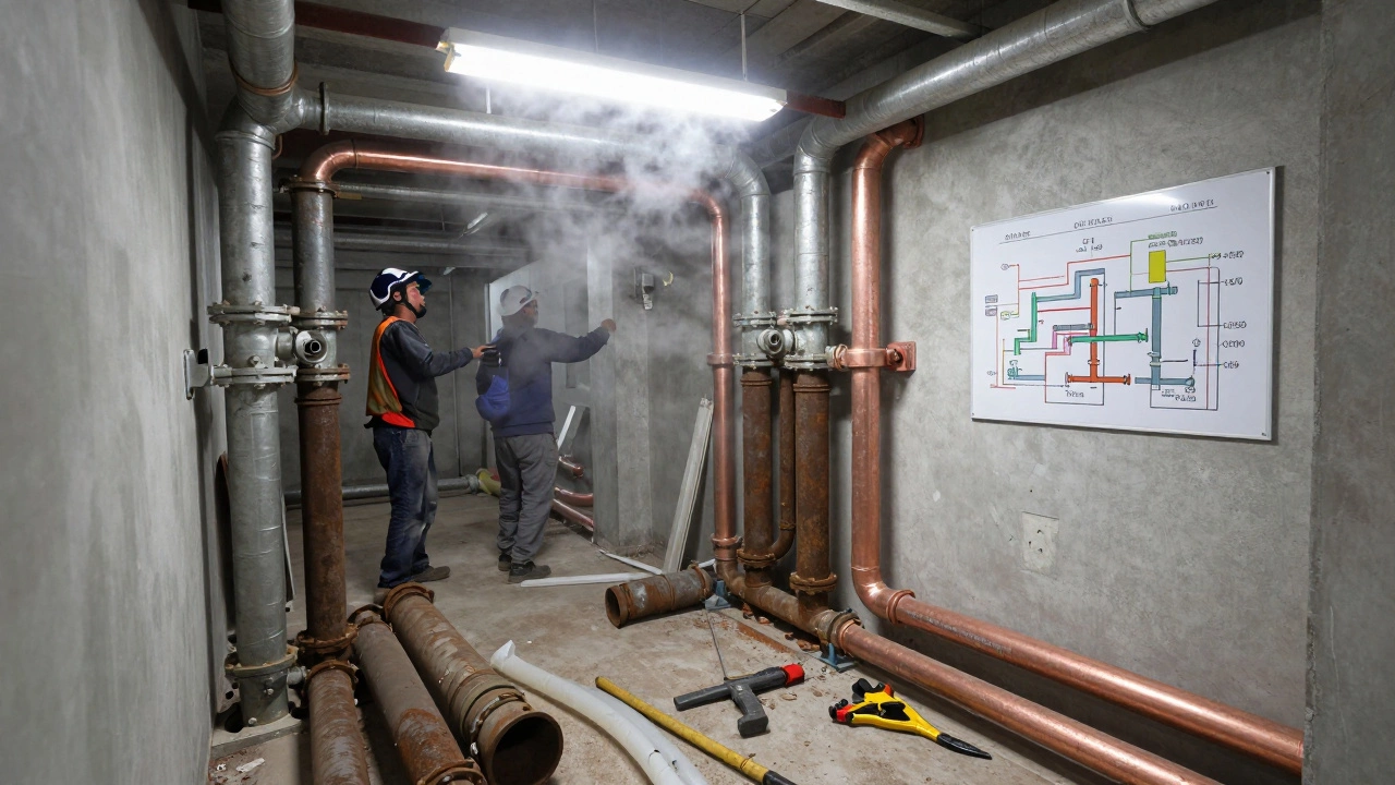 Мастера заменяют старые стояки отопления и водоснабжения в техническом помещении многоквартирного дома.