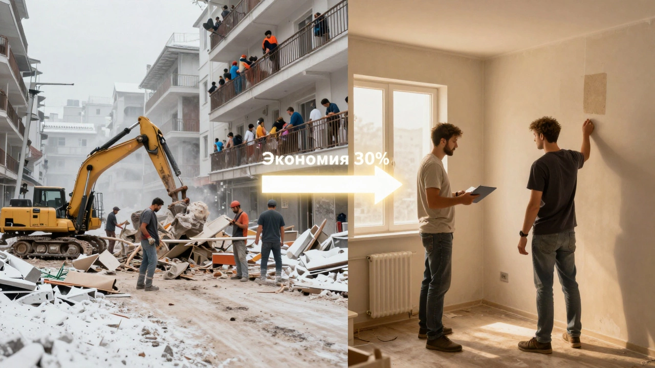 Сравнение зимнего и летнего ремонта: слева — хаос, справа — порядок, стрелка указывает на экономию 30%.