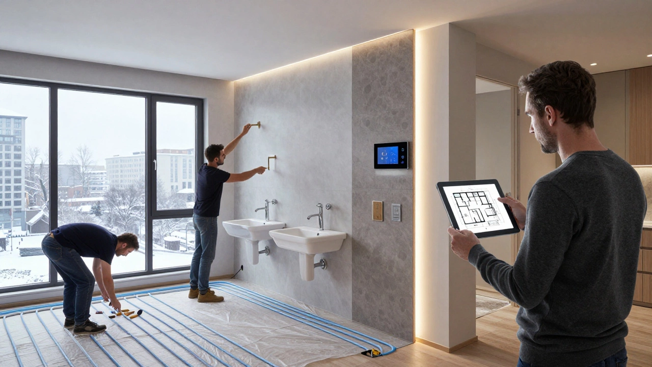 В трёхкомнатной квартире монтируют люкс-сантехнику и умные системы, за окном — зимний пейзаж города.