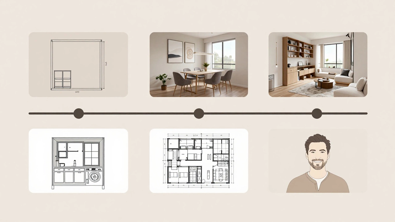 Визуализация этапов создания дизайн-проекта квартиры в виде временной линии с ключевыми этапами.