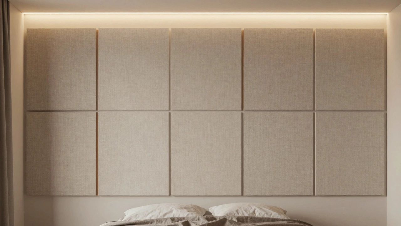 Акустические тканевые панели на стене спальни с подсветкой, создают уютную атмосферу.