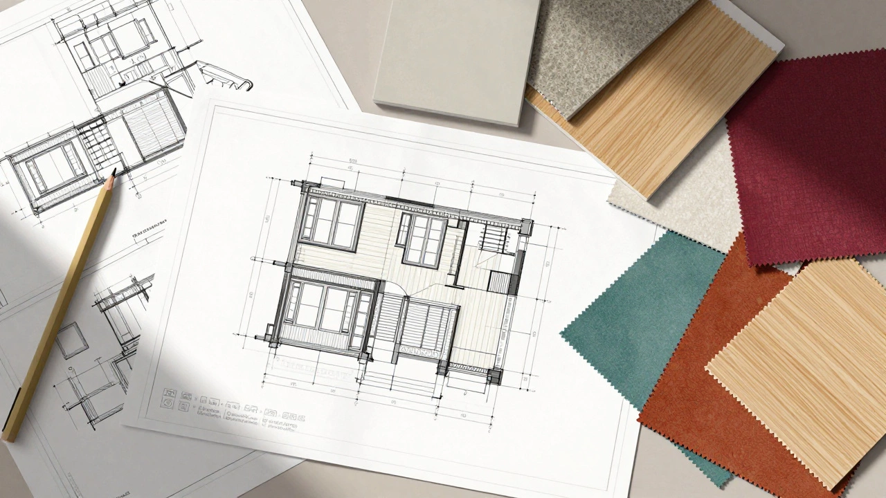 Чертежи и материалы на рабочем столе дизайнера