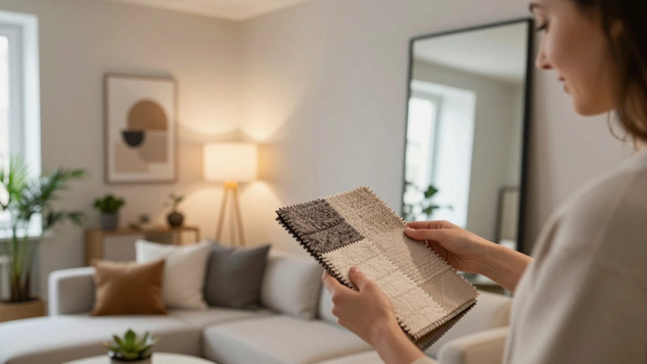 Декоратор подбирает ткани и светильники для уютного интерьера с мягким освещением и акцентами.