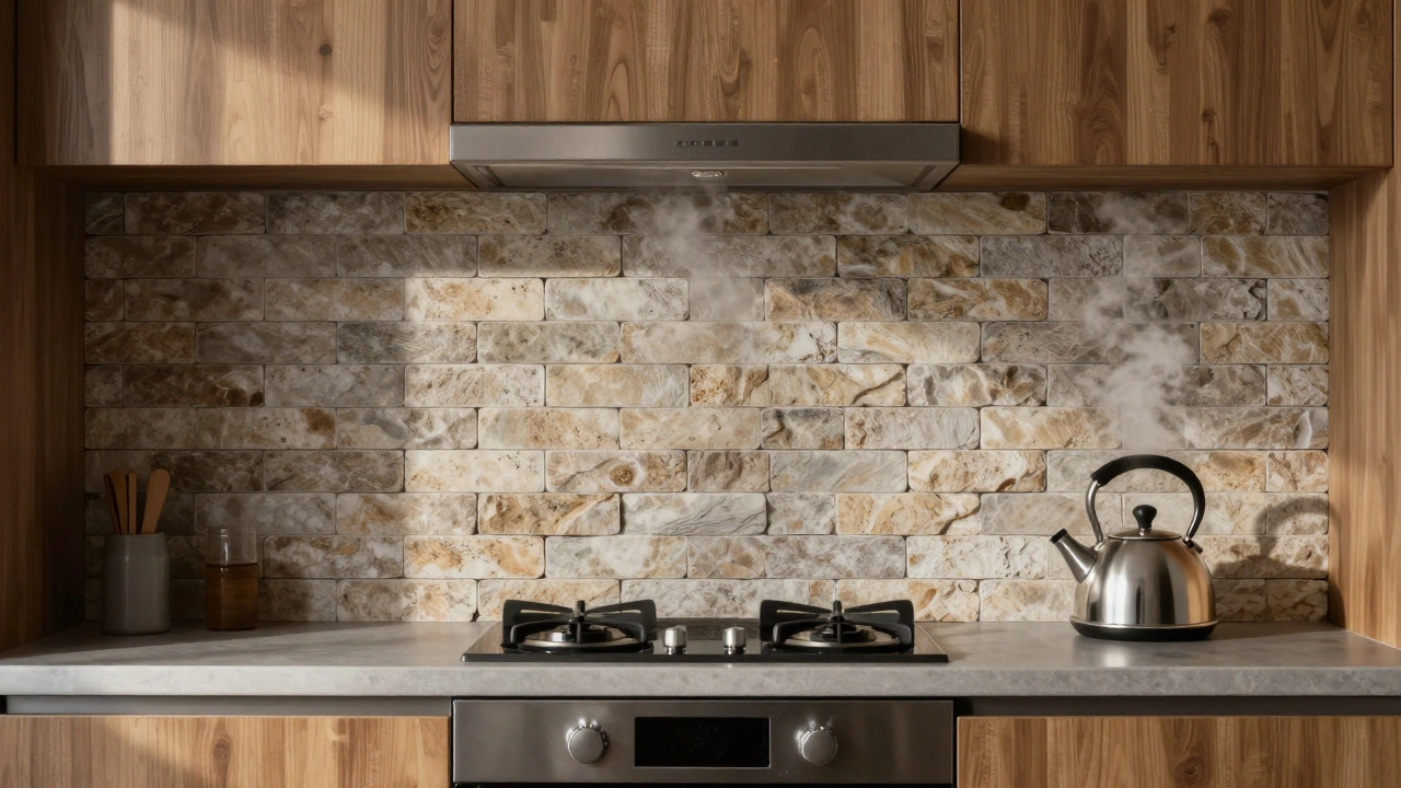 Фартук из искусственного камня под кирпич в современной кухне с деревянными шкафами.