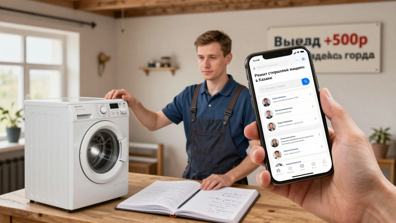 Мастер в маленьком городе работает с телефона, на экране которого виден сайт ремонта техники.