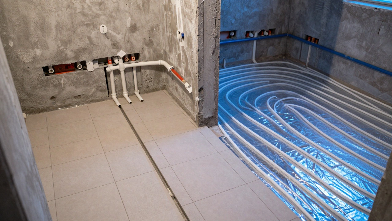 Новая ванная комната с проложенными трубами PEX и подогревом пола под стяжкой.