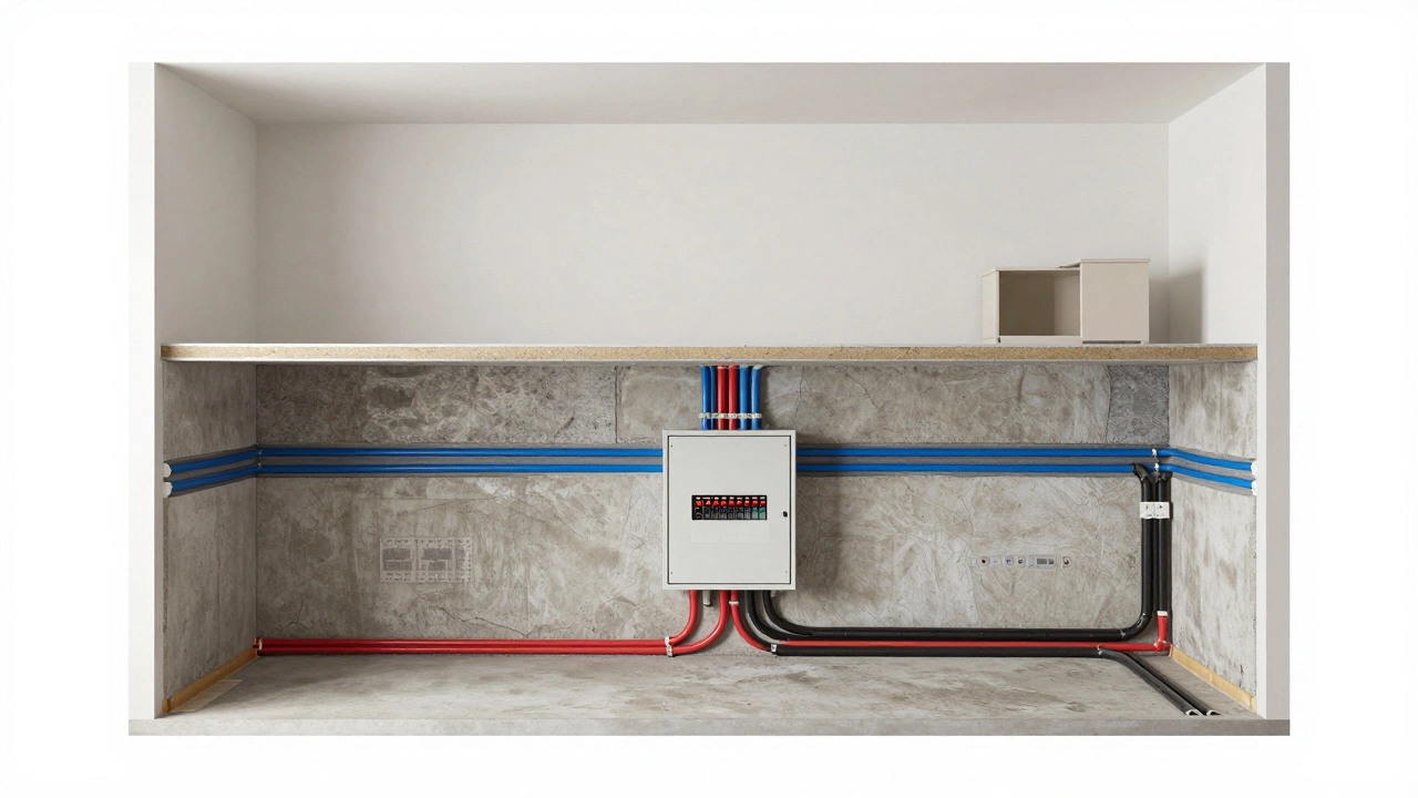 Прозрачный разрез квартиры, показывающий скрытые системы: электропроводку, трубы и шумоизоляцию.