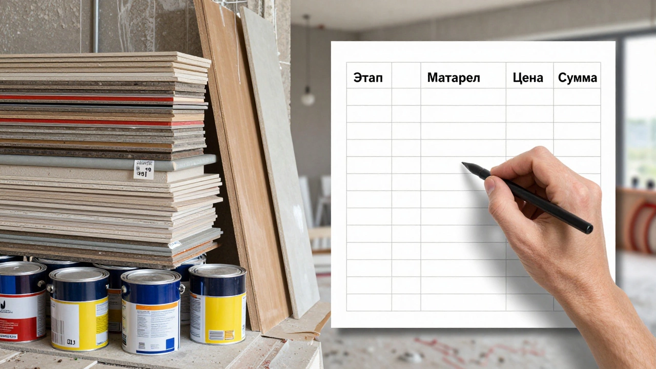Разделенная иллюстрация: стройматериалы с ценниками и таблица расходов