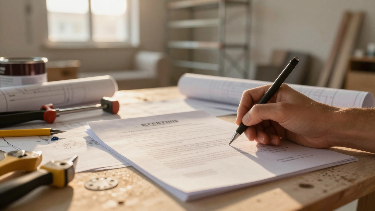 Рука подписывает договор рядом с завершенной сметой, на фоне — полуотремонтированная комната с лесами и стройматериалами.