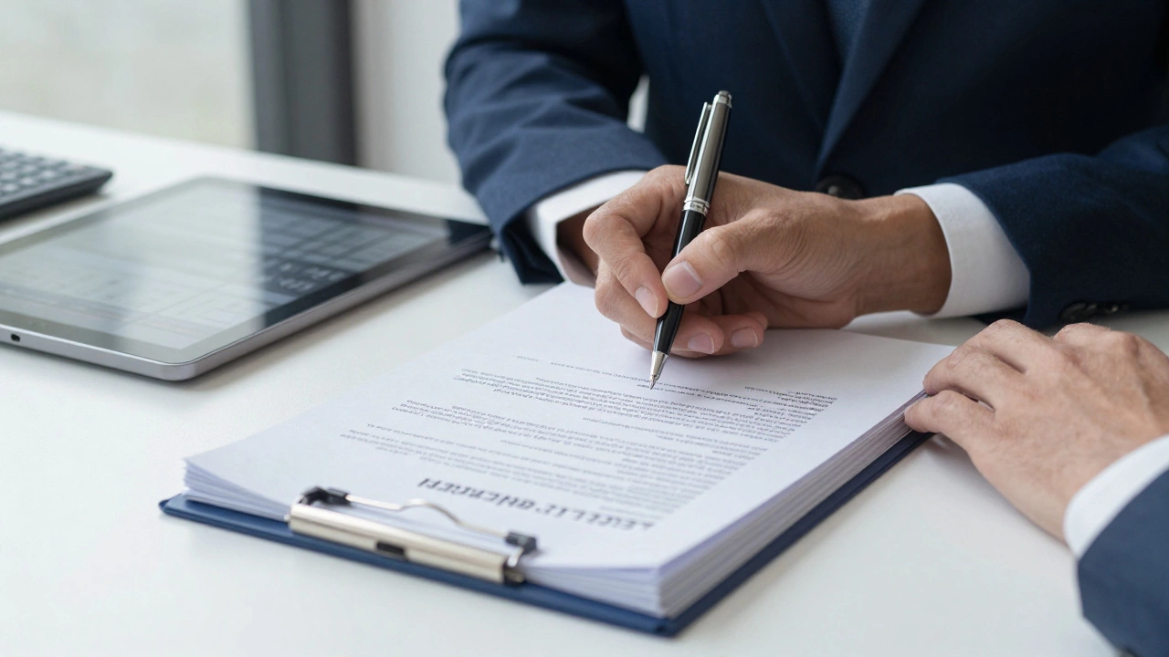 Руки с ручкой над стопкой документов договора на строительство