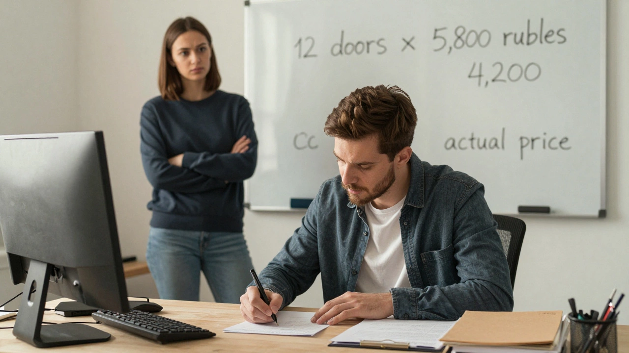 Руководитель компании подписывает смету, а клиент сомневается, видя несоответствия в ценах.