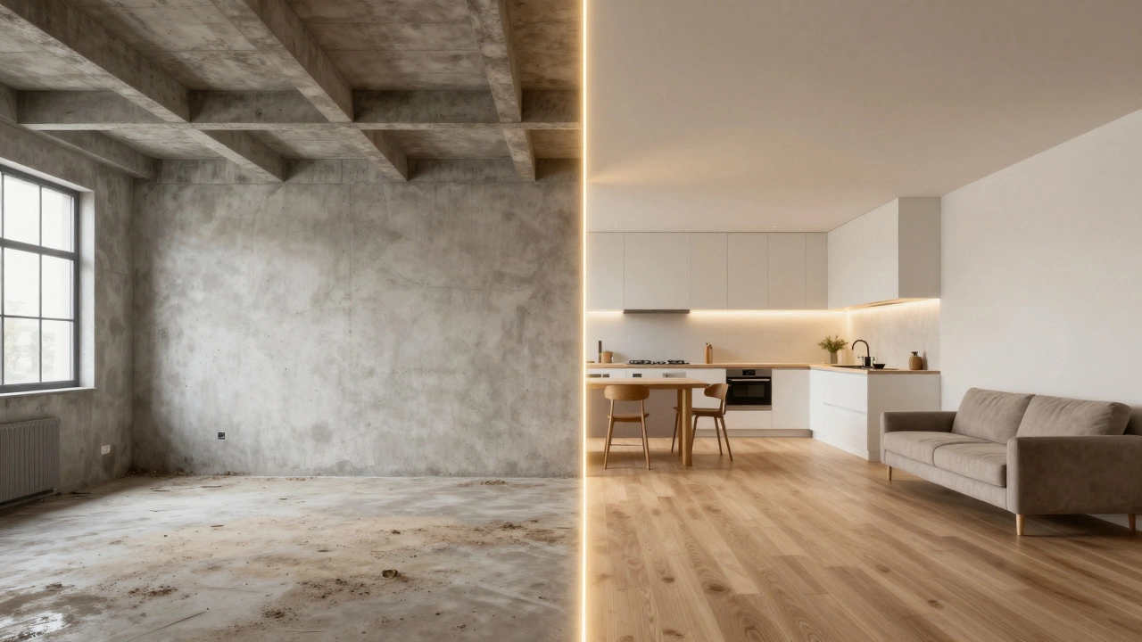 Сравнение черновой квартиры и готового интерьера, показывающее преобразование пространства.