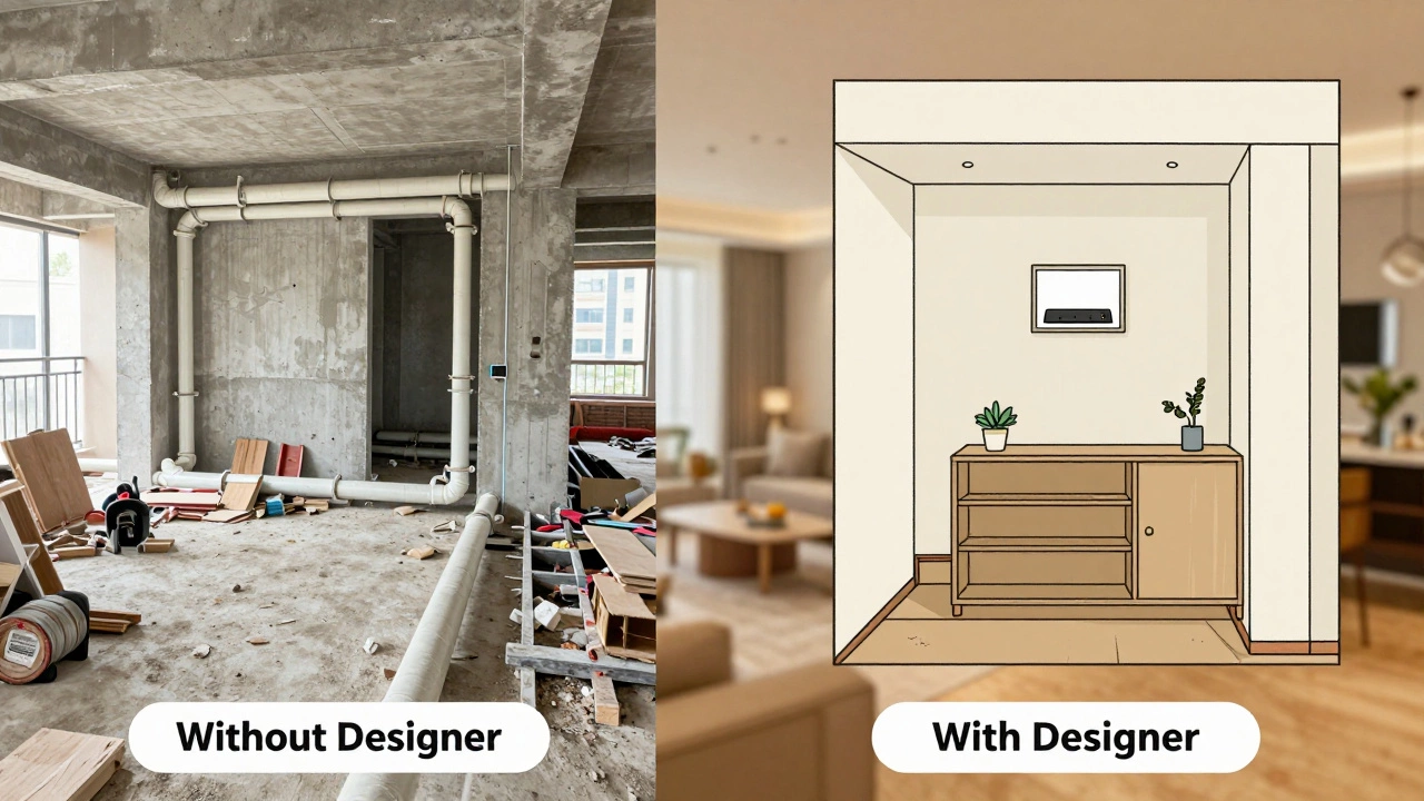 Сравнение: грязная стройка слева и функциональный, продуманный интерьер справа.