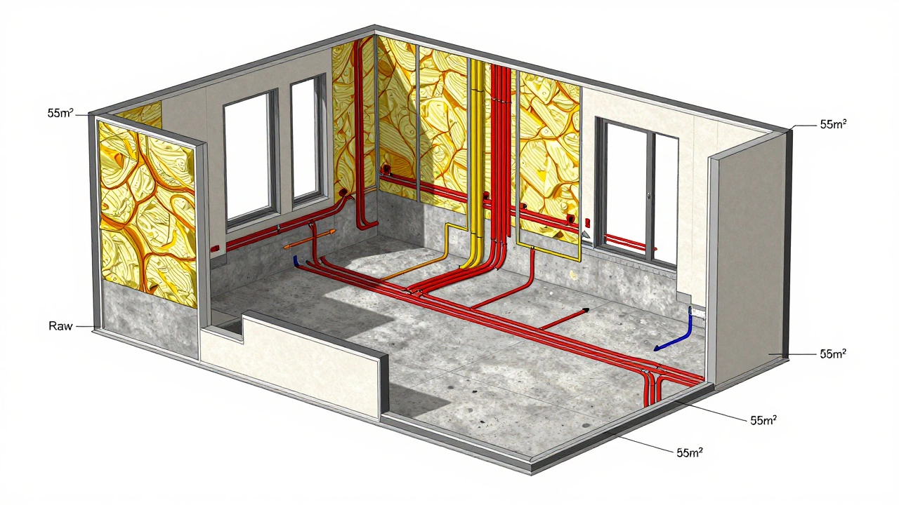 Технический разрез квартиры с выделенными системами водоснабжения, электрики и теплоизоляции.