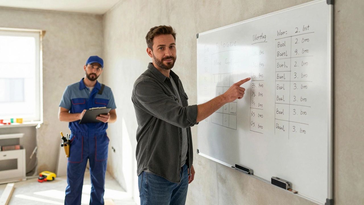 Владелец квартиры объясняет смету строителю на фоне частично отремонтированной комнаты