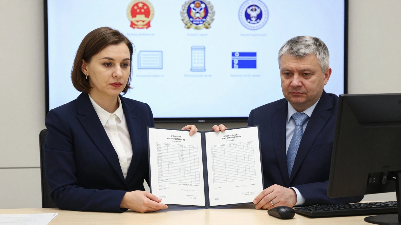 Женщина представляет смету по ГОСТу сотруднику Пенсионного фонда в офисе, на столе — официальные печати и документы.