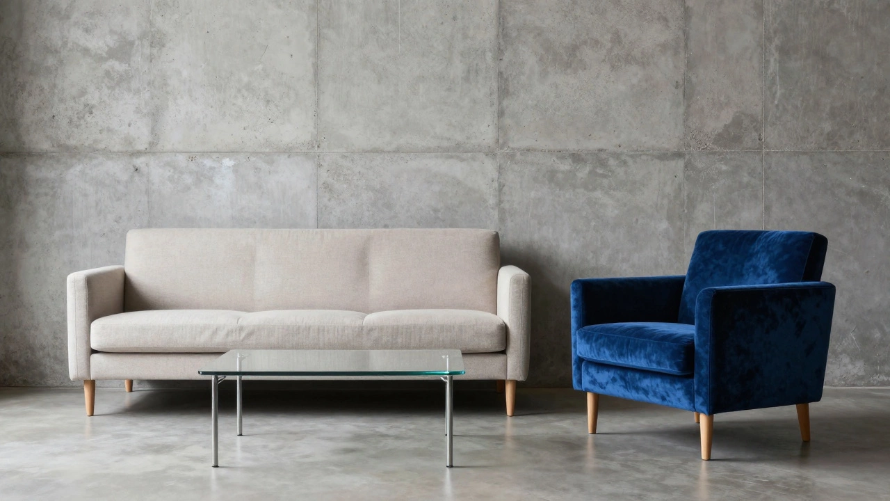 Интерьер с правильными пропорциями мебели и контрастом бетона и бархата