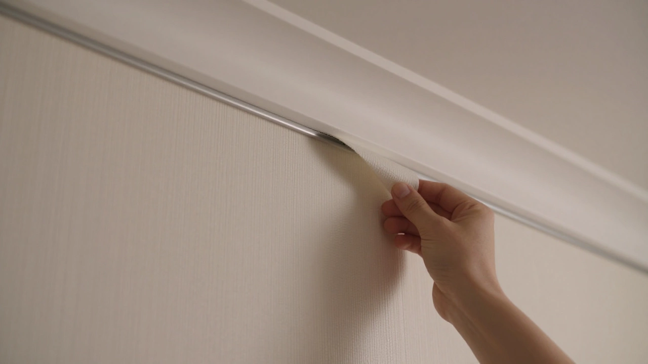 Процесс поклейки дизайнерских обоев у края установленного профиля потолка