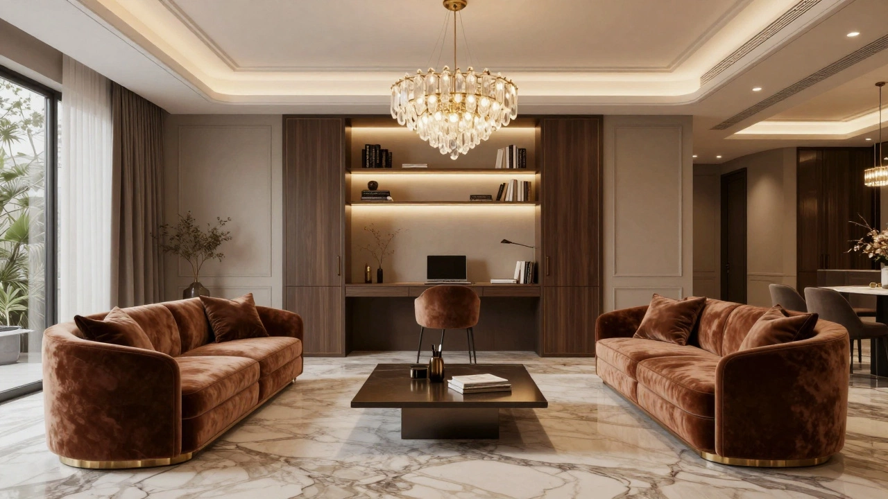 Реалистичный интерьер гостиной с продуманным многоуровневым освещением