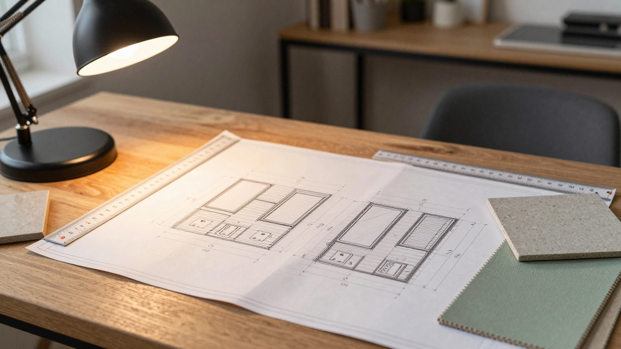 Технические чертежи, образцы материалов и инструменты дизайнера на столе