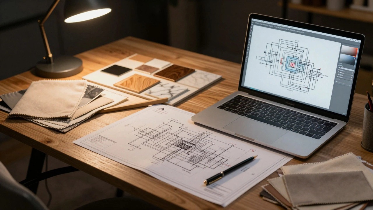 Технические чертежи, образцы тканей и материалов на рабочем столе дизайнера