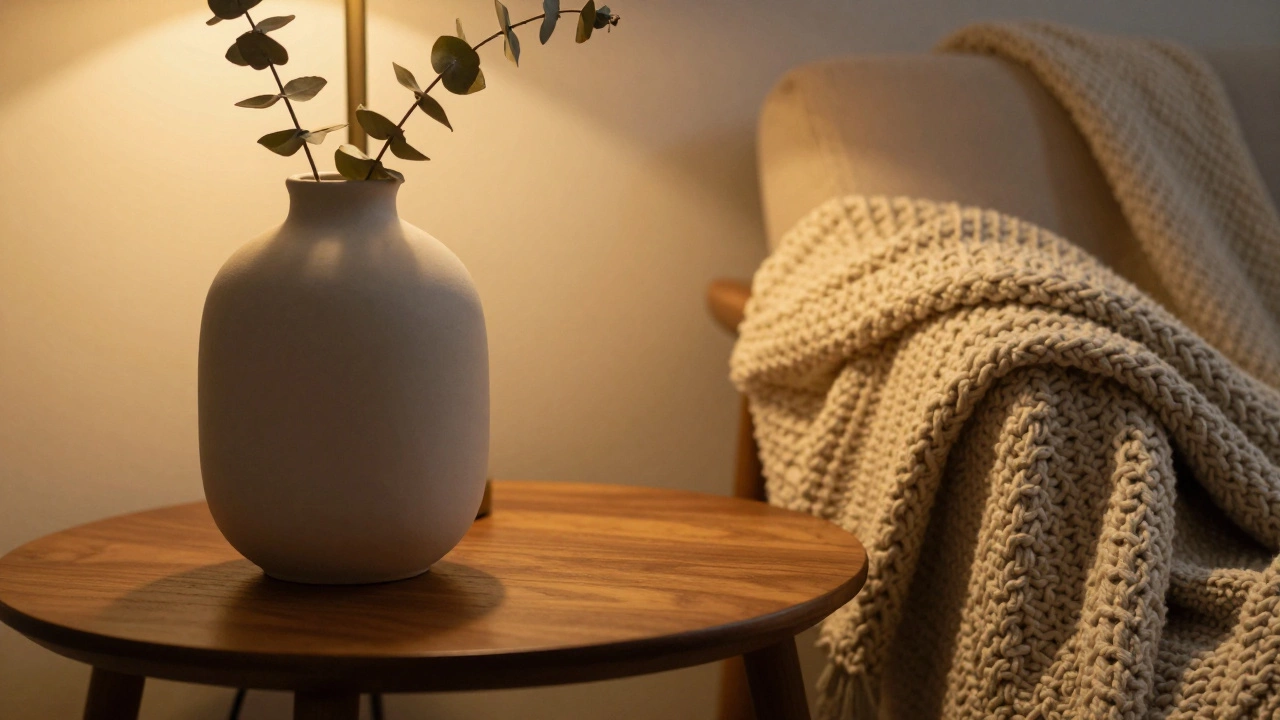 Уютный уголок комнаты с акцентом на деталях, текстиле и мягком освещении