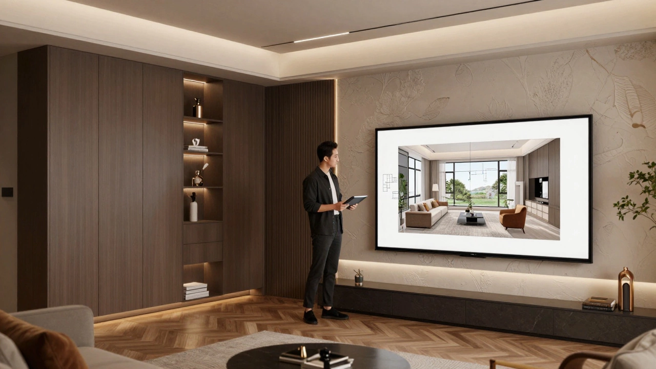 Дизайнерский интерьер с встроенной мебелью и дизайнером с 3D-проектом