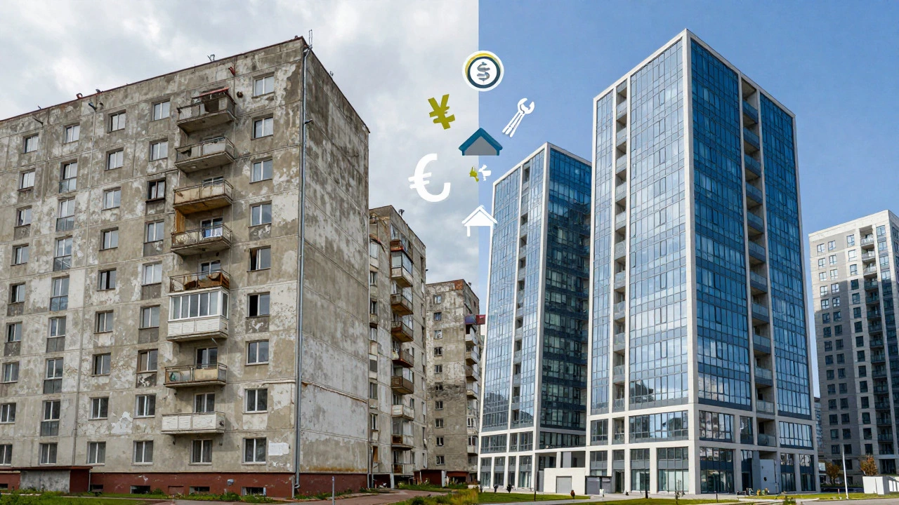 Контраст старого панельного дома и нового ЖК с символами ремонта