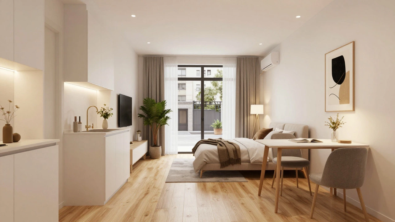 Cozy and bright renovated studio apartment interior with modern furniture