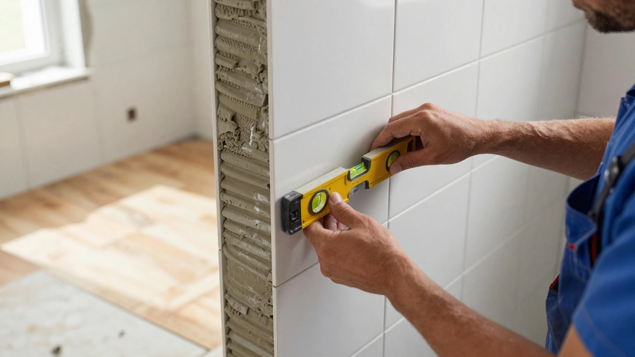 Craftsman installing ceramic tiles on a bathroom wall during renovation